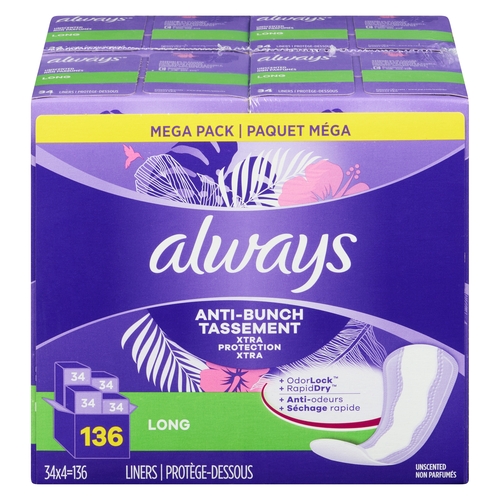 Buy Always Panty Liners Long Unscented Mega Pack 136 Count | Sobeys Inc.