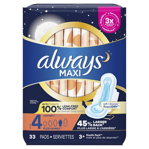 Always Maxi Feminine Hygiene Pads With Wings Overnight
