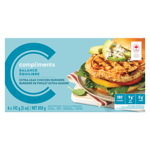Compliments Balance Frozen Chicken Burgers Extra Lean 6 Patties 850 g