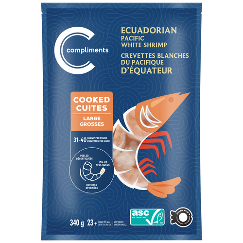 Compliments Frozen Ecuadorian Shrimp Cooked Peeled Tail-On 31-40 Count 340 g