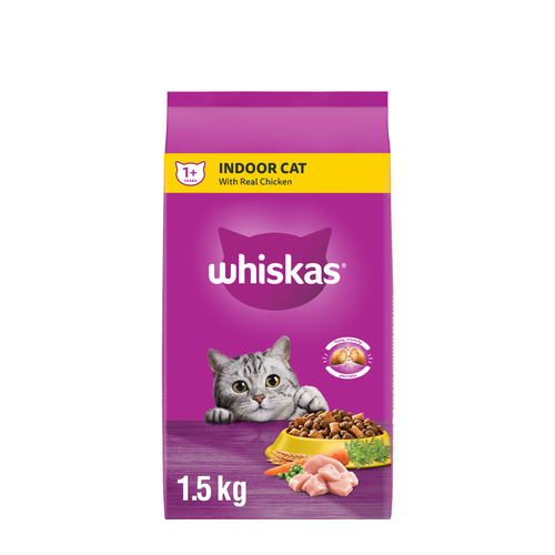 WHISKAS Adult Dry Cat Food, Indoor With Real Chicken