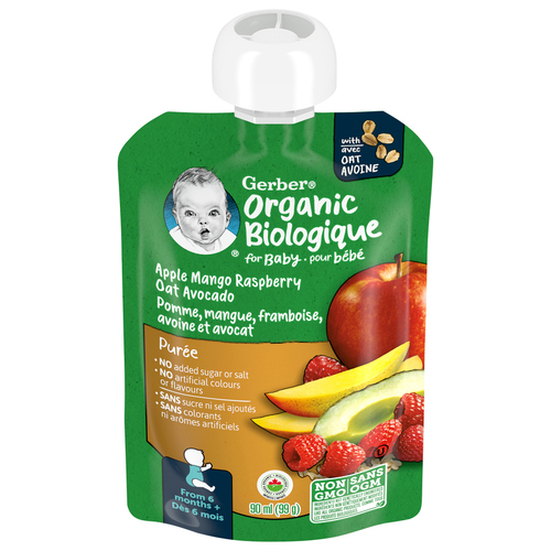 GERBER Organic Baby Purée Apple Mango Raspberry Avocado Oat