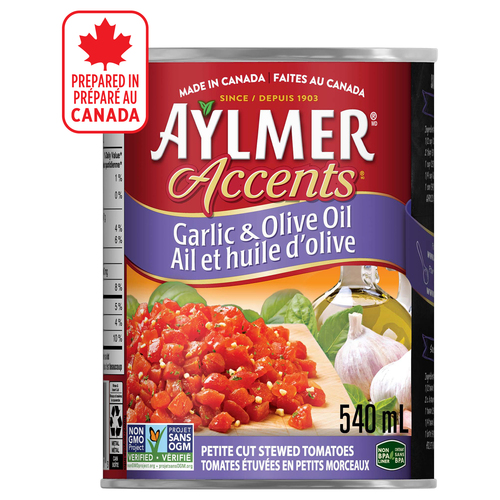 Aylmer Accents Petite Cut Stewed Tomatoes Garlic & Olive Oil 540 ml