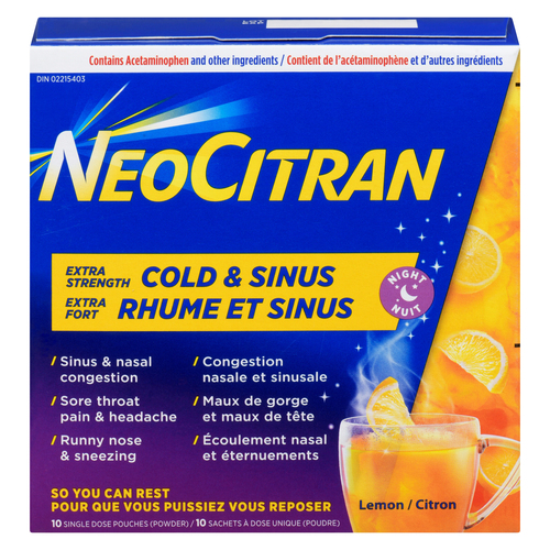 Buy NeoCitran Cold & Sinus Powder Lemon Extra Strength Night 10