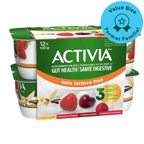Activia Lactose-Free Probiotic Yogurt Vanilla Raspberry Cherry Strawberry 12 x 100 g