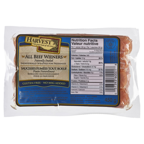Harvest Meats Gluten-Free No MSG Wieners All Beef 450 g