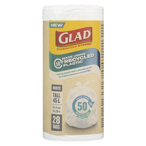 Glad Garbage Bags 50% Made With Recycled Plastic White Tall 45 L 28 Bags 