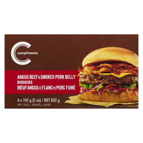 Compliments Frozen Burgers Angus Beef & Smoked Pork Belly 6 x 142 g 