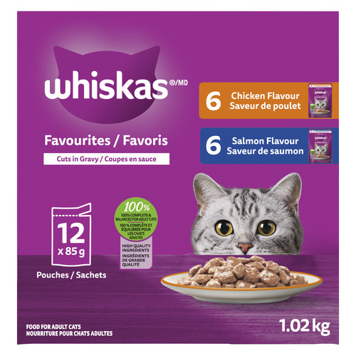 WHISKAS FAVOURITES Adult Wet Cat Food Cuts in Gravy Chicken Flavour and Salmon Flavour Pouch Variety Pack