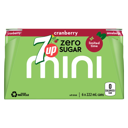 7 Up Mini Soft Drink Zero Sugar Cranberry 6 x 222 ml (cans)