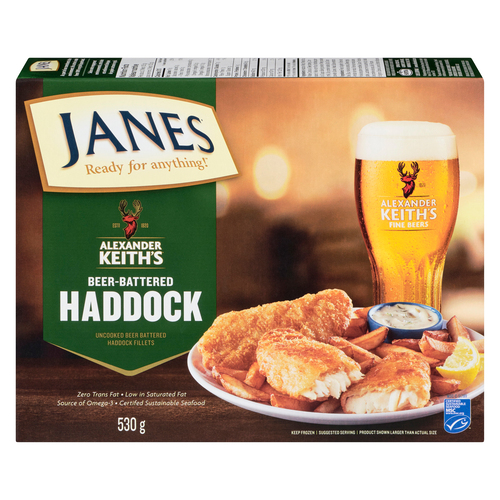 Janes Alexander Keith's Frozen Uncooked Haddock Fillets Beer Battered