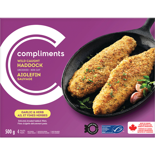 Compliments Frozen Wild Caught Breaded Haddock Fillets Garlic & Herb